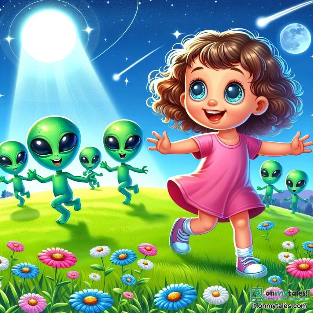 Une illustration sous forme de dessin destinée aux enfants représentant un champ verdoyant sous un ciel bleu éclatant, où une petite fille de cinq ans aux cheveux bouclés et aux yeux pétillants danse joyeusement sur l'herbe, entourée d'un groupe d'extraterrestres colorés aux grandes yeux ronds et à la peau verte, qui l'observent avec émerveillement tout en dansant et chantant, illustrant ainsi leur amitié naissante et leur joie de découvrir ensemble le monde.
