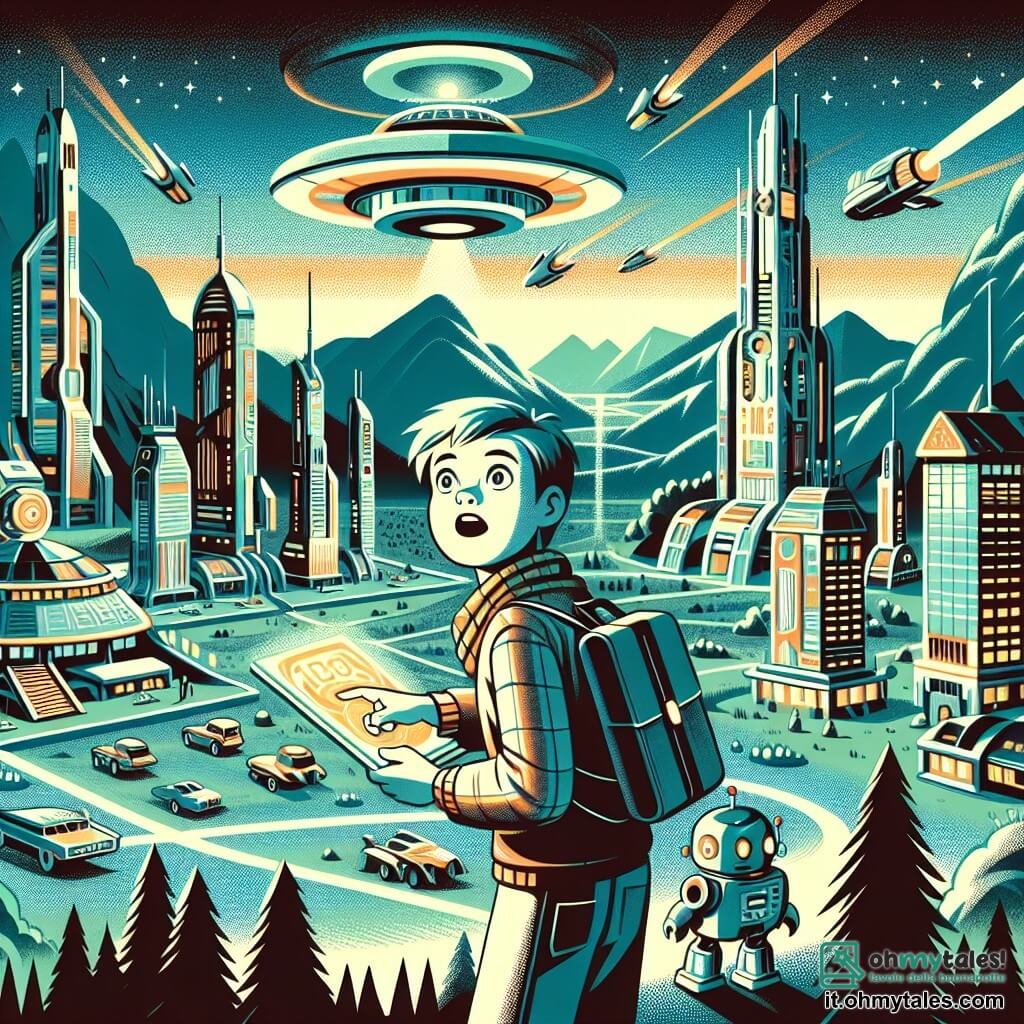 Une illustration destinée aux enfants représentant un jeune garçon curieux et passionné par les histoires de voyages dans le temps, se retrouvant soudainement dans un monde futuriste aux bâtiments brillants et aux véhicules volants, accompagné d'un sympathique robot nommé Roby, dans une ville entourée de montagnes et de forêts denses.