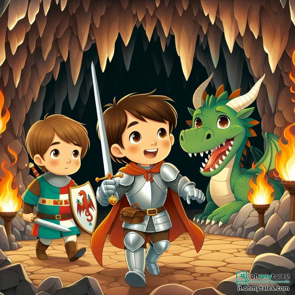 Une illustration destinée aux enfants représentant un jeune chevalier courageux affrontant un dragon féroce dans une sombre et mystérieuse caverna aux parois rocheuses illuminées par des flammes dansantes, accompagné de son fidèle écuyer, un garçon aux cheveux bruns et aux yeux pétillants, portant un tabard aux couleurs du royaume.