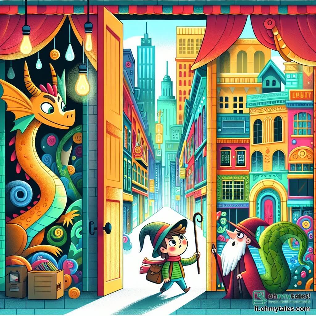 Une illustration destinée aux enfants représentant une jeune fille curieuse découvrant une ville moderne bruyante qui cache un passage secret menant à une cité magique aux rues colorées, où elle se lie d'amitié avec un timide dragolet et affronte un sinistre stregone pour sauver l'harmonie de cet univers fantastique.