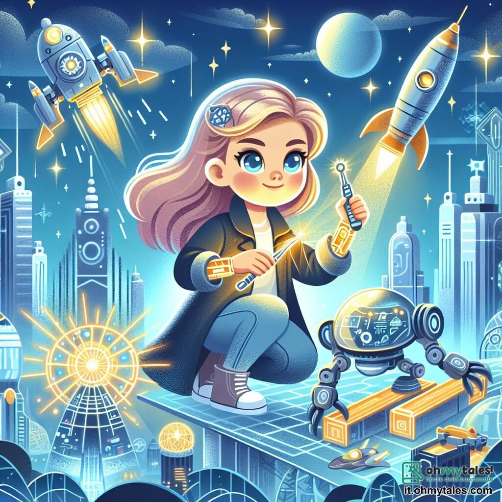 Une illustration destinée aux enfants représentant une fille brillante de détermination, construisant un vaisseau spatial futuriste avec l'aide de son robot assistant, dans la ville futuriste de Cristallia, avec ses gratte-ciel scintillants et ses véhicules volants.