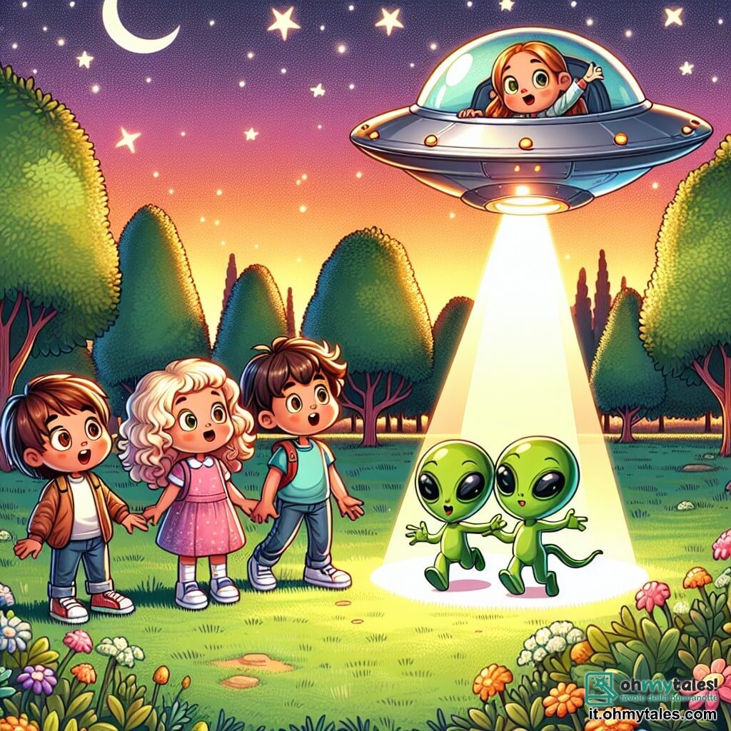Une illustration sous forme de dessin destinée aux enfants représentant un parc verdoyant au coucher du soleil, avec un groupe de quatre enfants de 5 ans, deux filles aux cheveux bouclés et blonds, une fille aux cheveux bruns et lisses, et un garçon aux cheveux châtains, tous émerveillés en observant une petite navicelle spatiale argentée qui vient d'atterrir, tandis que trois extraterrestres aux peaux vertes et aux grands yeux ronds, souriants et curieux, sortent de la navicelle pour rencontrer les enfants, créant une atmosphère magique et amicale d'émerveillement et de découverte.