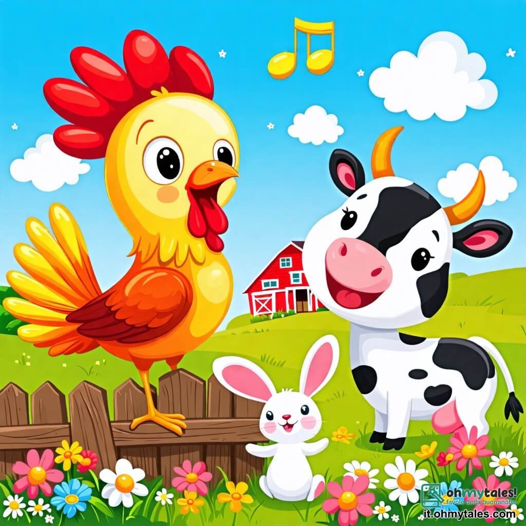 Une illustration sous forme de dessin destinée aux enfants représentant une scène joyeuse dans une ferme ensoleillée, avec un coq aux plumes colorées et brillantes qui chante avec enthousiasme sur une vieille barrière en bois, tandis qu'un petit lapin aux grandes oreilles et à la fourrure douce l'encourage en battant des pattes, et une vache rieuse à taches blanches et noires qui les applaudit, le tout entouré de fleurs éclatantes et d'un ciel bleu parsemé de nuages moelleux, capturant l'esprit d'un concert amusant entre amis animaux.