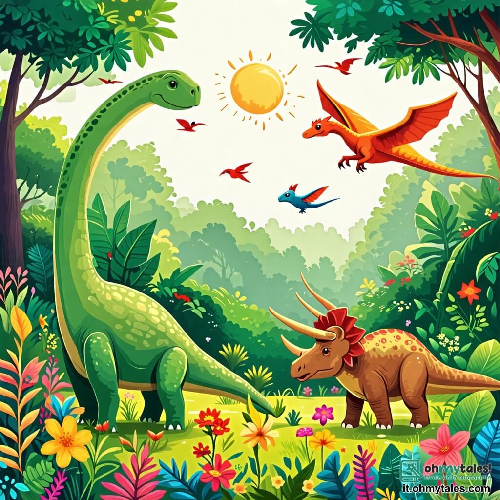 Une illustration sous forme de dessin destinée aux enfants représentant un vaste bosco verdoyant, avec un diplodocus au long cou et à la peau verte, penché pour manger des fleurs colorées, tandis qu'un petit triceratopo aux cornes pointues et à la peau brune l'observe avec curiosité, et un pterodattilo aux ailes déployées et au plumage éclatant survole la scène, tous ensemble partageant un moment joyeux et amical dans la nature.