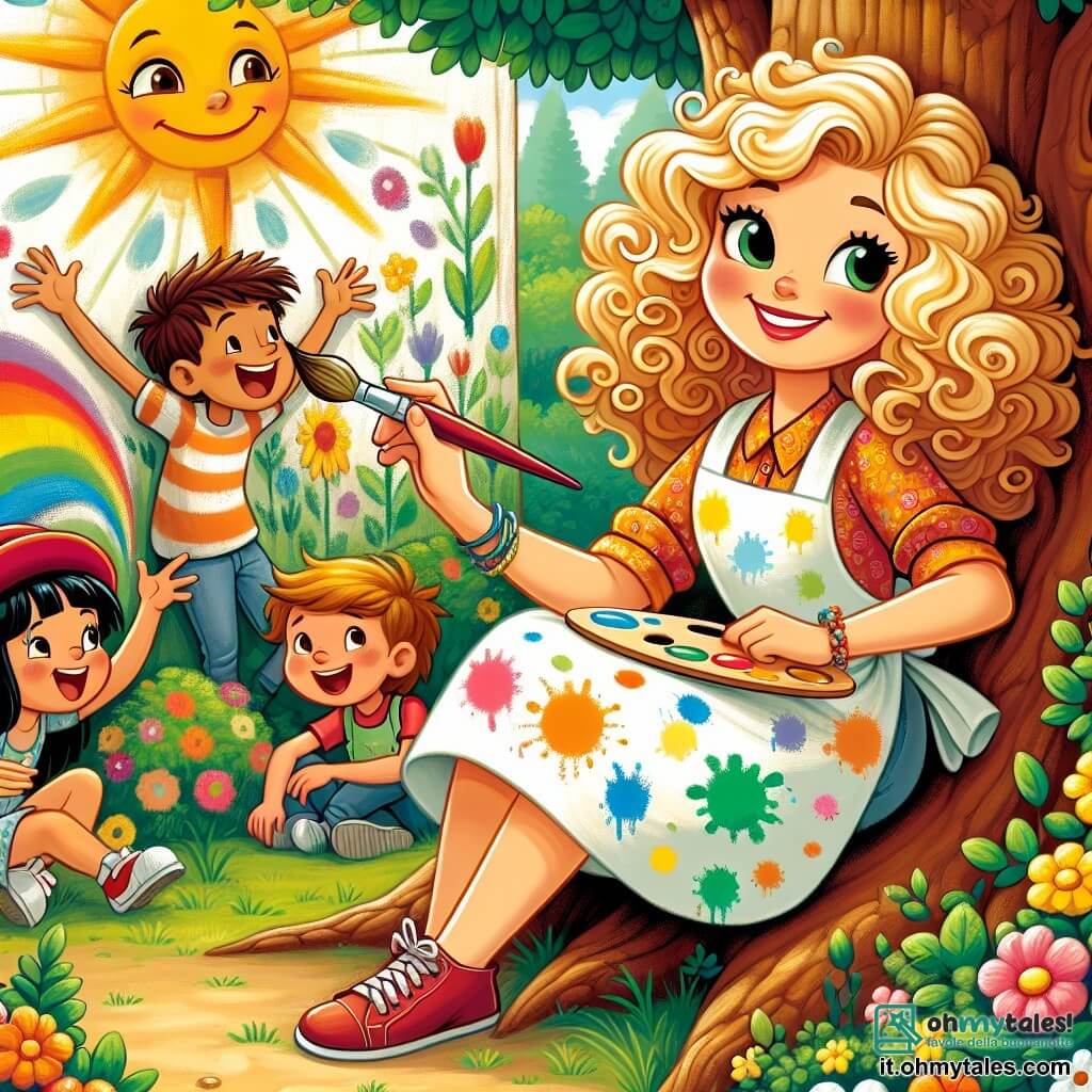 Une illustration sous forme de dessin destinée aux enfants représentant un parc ensoleillé rempli de fleurs colorées et d'arbres verdoyants, où une jeune femme aux cheveux dorés et bouclés, vêtue d'un tablier éclaboussé de peinture, est assise sur un tronc d'arbre, tenant un pinceau et souriant joyeusement, tandis que plusieurs enfants, dont un garçon avec un chapeau rouge et une fille aux cheveux noirs, l'entourent avec enthousiasme, prêts à l'aider à créer un grand murale coloré représentant un soleil souriant et un arc-en-ciel, symbolisant la joie et la créativité partagée.