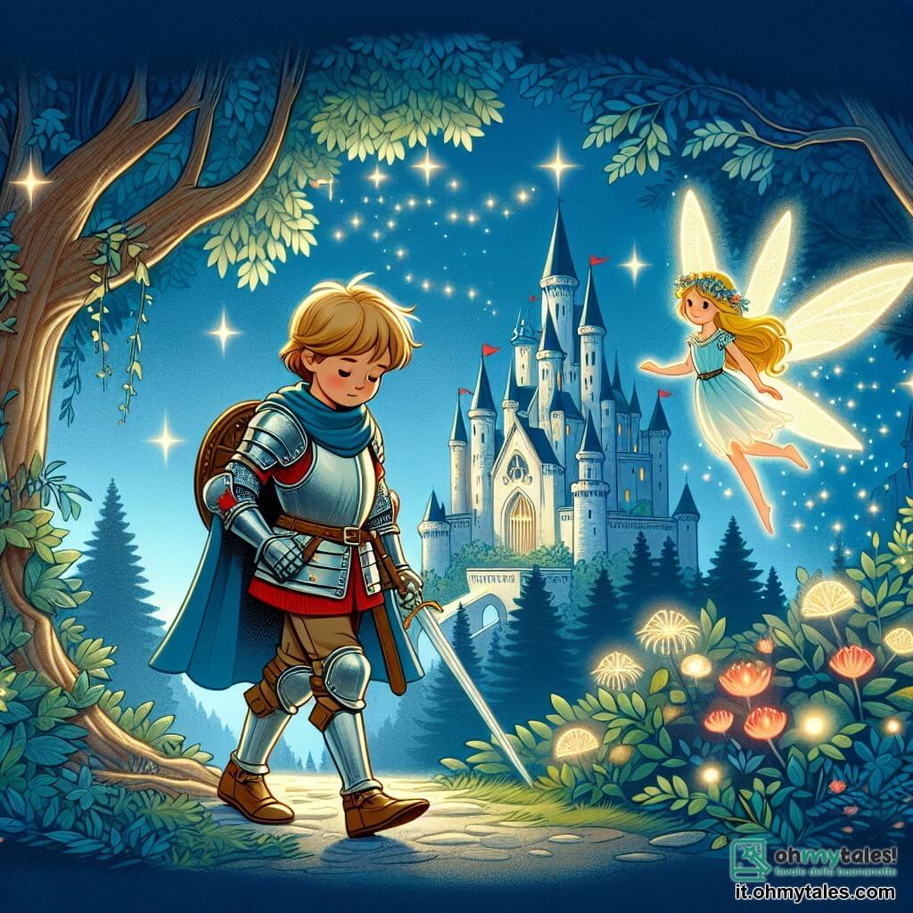 Une illustration destinée aux enfants représentant un jeune chevalier courageux se préparant à explorer un mystérieux château enchanté avec l'aide d'une fée lumineuse dans une forêt magique aux arbres majestueux et aux fleurs scintillantes.