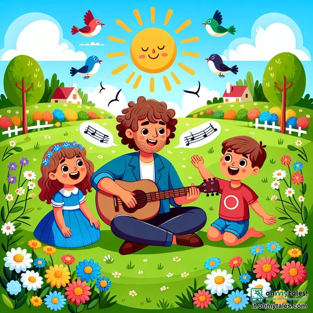 Une illustration sous forme de dessin destinée aux enfants représentant un jardin ensoleillé rempli de fleurs colorées, avec un homme souriant aux cheveux bruns et bouclés, assis sur l'herbe, jouant de la guitare, entouré de deux enfants : une fille aux cheveux ricci et vêtue d'une robe bleue, et un garçon aux cheveux courts et vêtus d'un t-shirt rouge, tous les trois chantant joyeusement ensemble, tandis que des oiseaux volent autour d'eux, créant une atmosphère magique et festive.