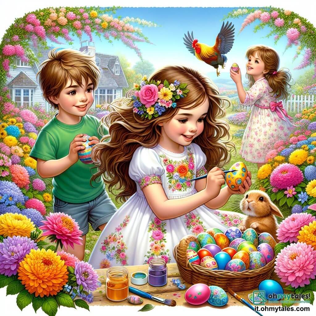 Illustrazione che rappresenta un magnifico giardino primaverile, pieno di fiori colorati con petali brillanti di rosa, giallo e blu. Al centro, una ragazza di 11 anni, con lunghi capelli castani che fluttuano nel vento, indossa un vestito bianco decorato con motivi floreali. Sta dipingendo uova di Pasqua con colori vivaci, il suo viso che irradia gioia e concentrazione. Accanto a lei, due amici: un ragazzo di 10 anni con capelli biondi arruffati, che indossa una maglietta verde e pantaloni corti, tiene un uovo decorato e sorride, e una ragazza di 9 anni con capelli castani raccolti in due codini, vestita con una camicetta a fiori, tiene un pennello e guarda con ammirazione il lavoro della sua amica. La scena è animata da animali da fattoria, come un coniglietto dalle grandi orecchie che si avvicina curiosamente alle uova colorate, e un gallo che canta orgogliosamente su una recinzione di legno. L'atmosfera è gioiosa e festosa, con un cielo azzurro chiaro punteggiato di nuvole bianche, evocando lo spirito di Pasqua e la magia dell'infanzia.