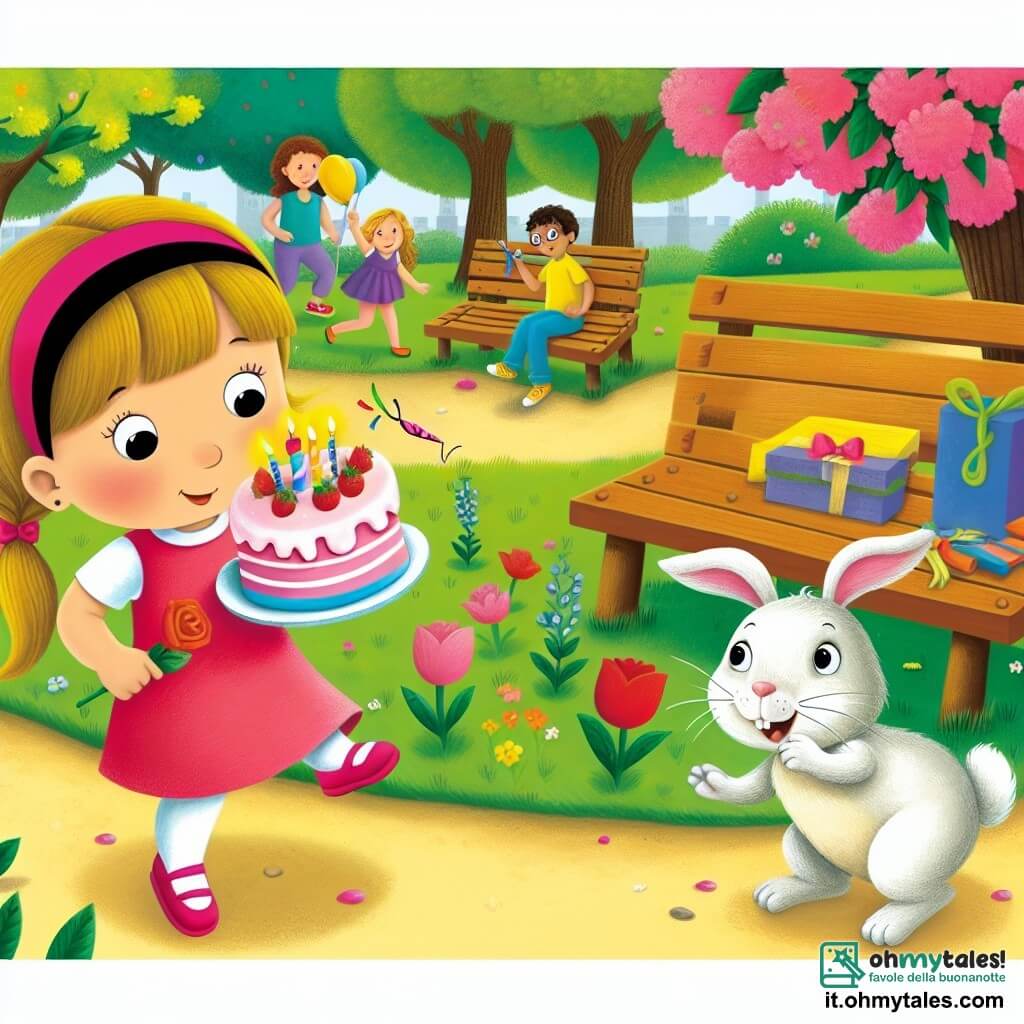 Une illustration destinée aux enfants représentant une petite fille curieuse et vive, une situation où son gâteau d'anniversaire a mystérieusement disparu, un coniglio malicieux, Birbante, le parc aux arbres fleuris et aux bancs colorés où se déroule l'aventure.