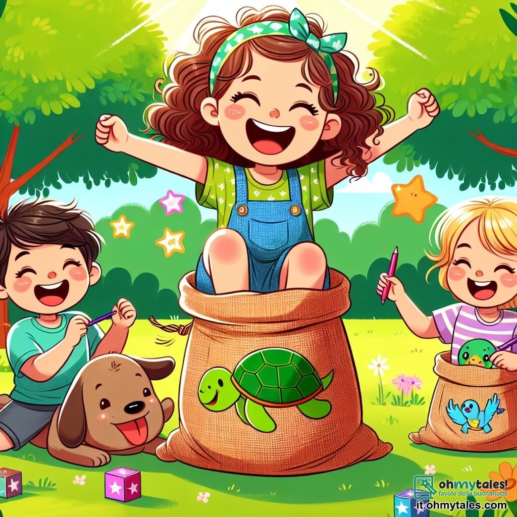Une illustration sous forme de dessin destinée aux enfants représentant un parc ensoleillé rempli de verdure, avec une fille de 11 ans aux cheveux bouclés et au sourire éclatant, en train de sauter joyeusement dans un sac de jute coloré, entourée de trois amis : un garçon aux cheveux bruns riant aux éclats, une fille aux cheveux lisses tenant un sac décoré d'adhésifs de tortues, et un garçon aux cheveux courts en train de dessiner des étoiles sur son sac, tous en train de s'amuser et de chanter des chansons drôles, tandis qu'un grand chien joyeux les suit en aboyant, créant une atmosphère de camaraderie et de rires.