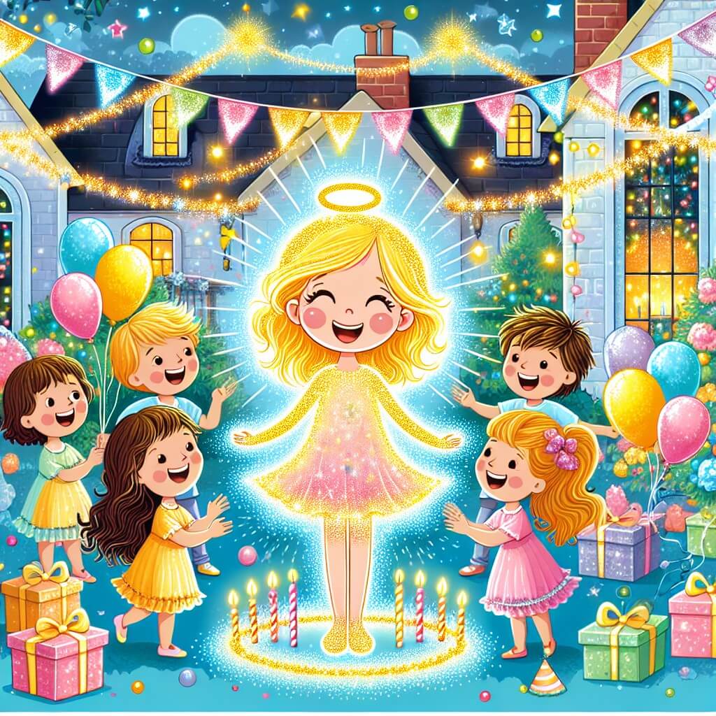 Une illustration destinée aux enfants représentant une petite fille rayonnante, célébrant son anniversaire entourée de ses amis, dans une magnifique maison décorée de ballons colorés et de guirlandes scintillantes.