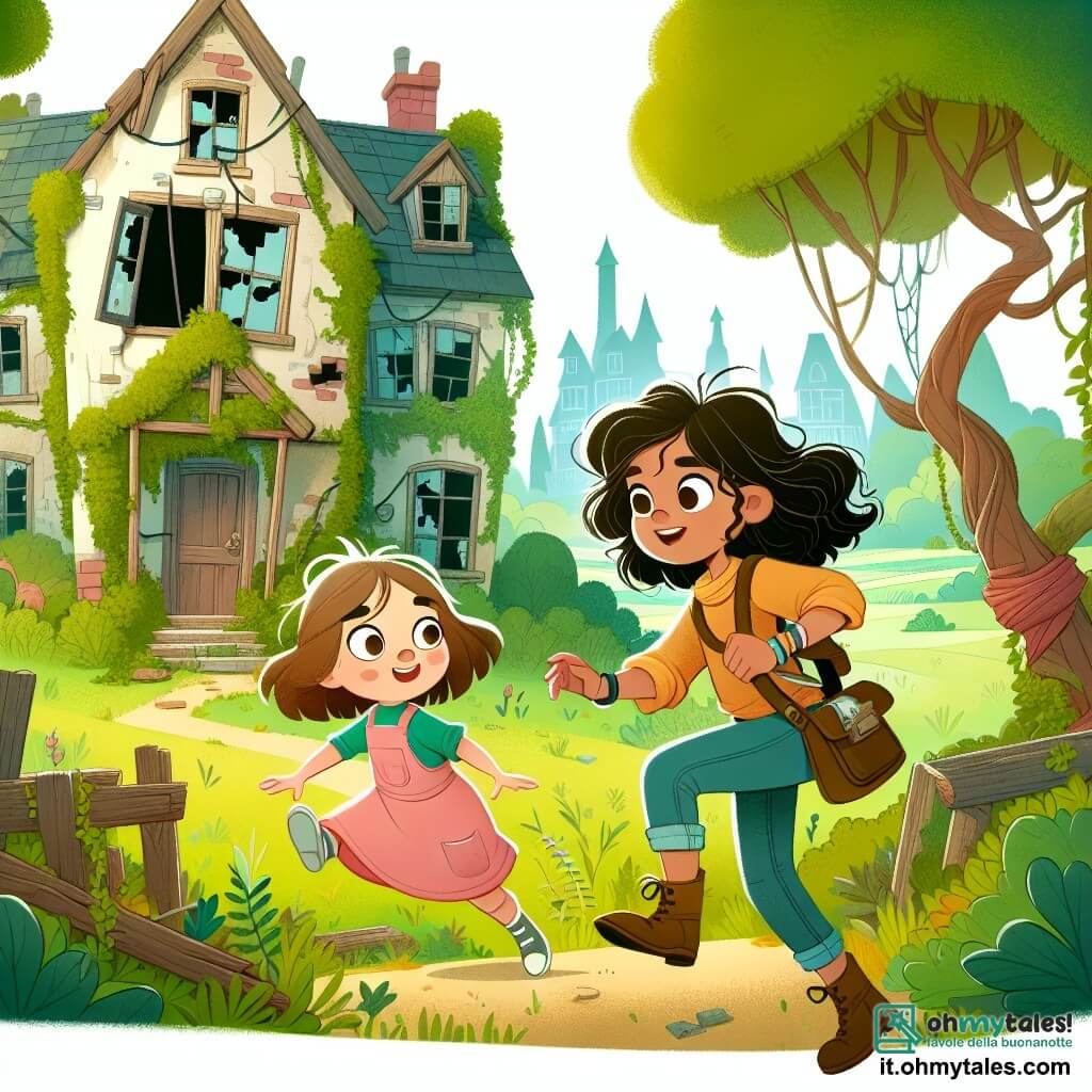 Une illustration destinée aux enfants représentant une fillette curieuse et courageuse se lançant dans une enquête mystérieuse avec son amie, une petite fille espiègle aux cheveux bouclés, dans une maison abandonnée aux murs recouverts de lierre et aux fenêtres brisées, cachée au cœur d'un village entouré de champs verdoyants et d'arbres majestueux.