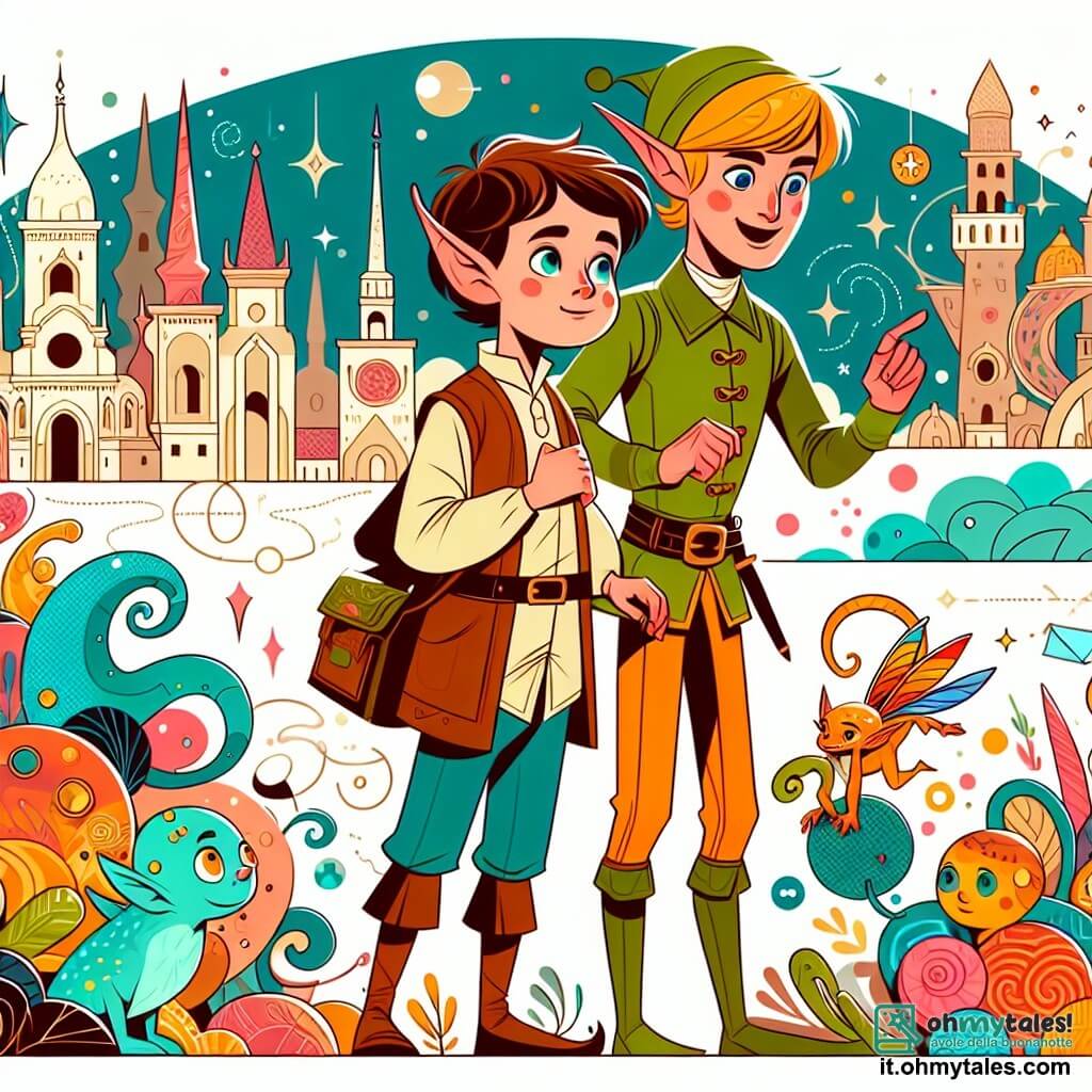 Une illustration destinée aux enfants représentant un jeune garçon curieux et astucieux, accompagné d'un sage elfe, explorant un monde magique et coloré rempli de créatures étranges, dans la ville de Soleluna.