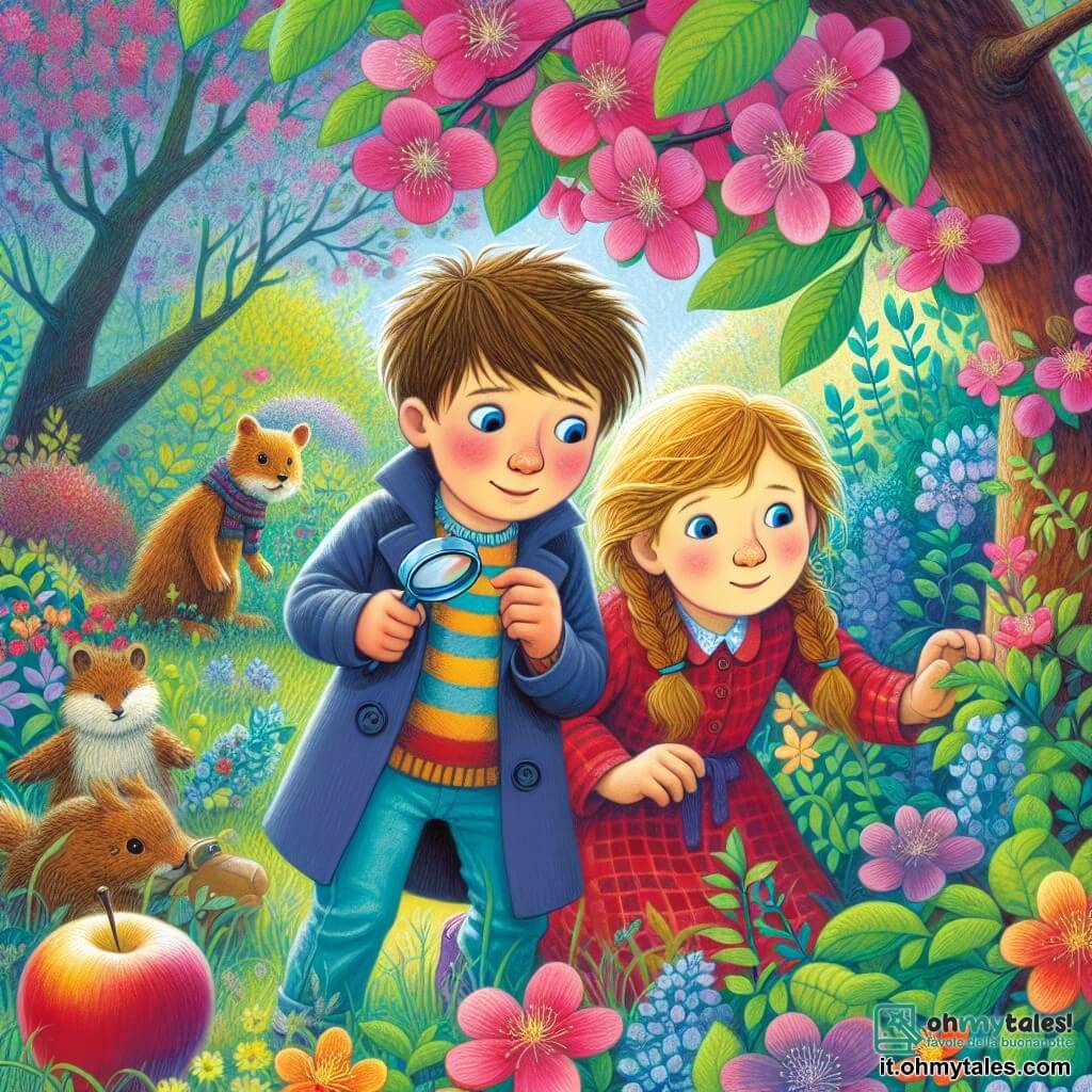 Une illustration destinée aux enfants représentant un jeune garçon intrépide, accompagné de sa meilleure amie, une fille courageuse, enquêtant sur la mystérieuse disparition d'un jouet dans un jardin fleuri et coloré.