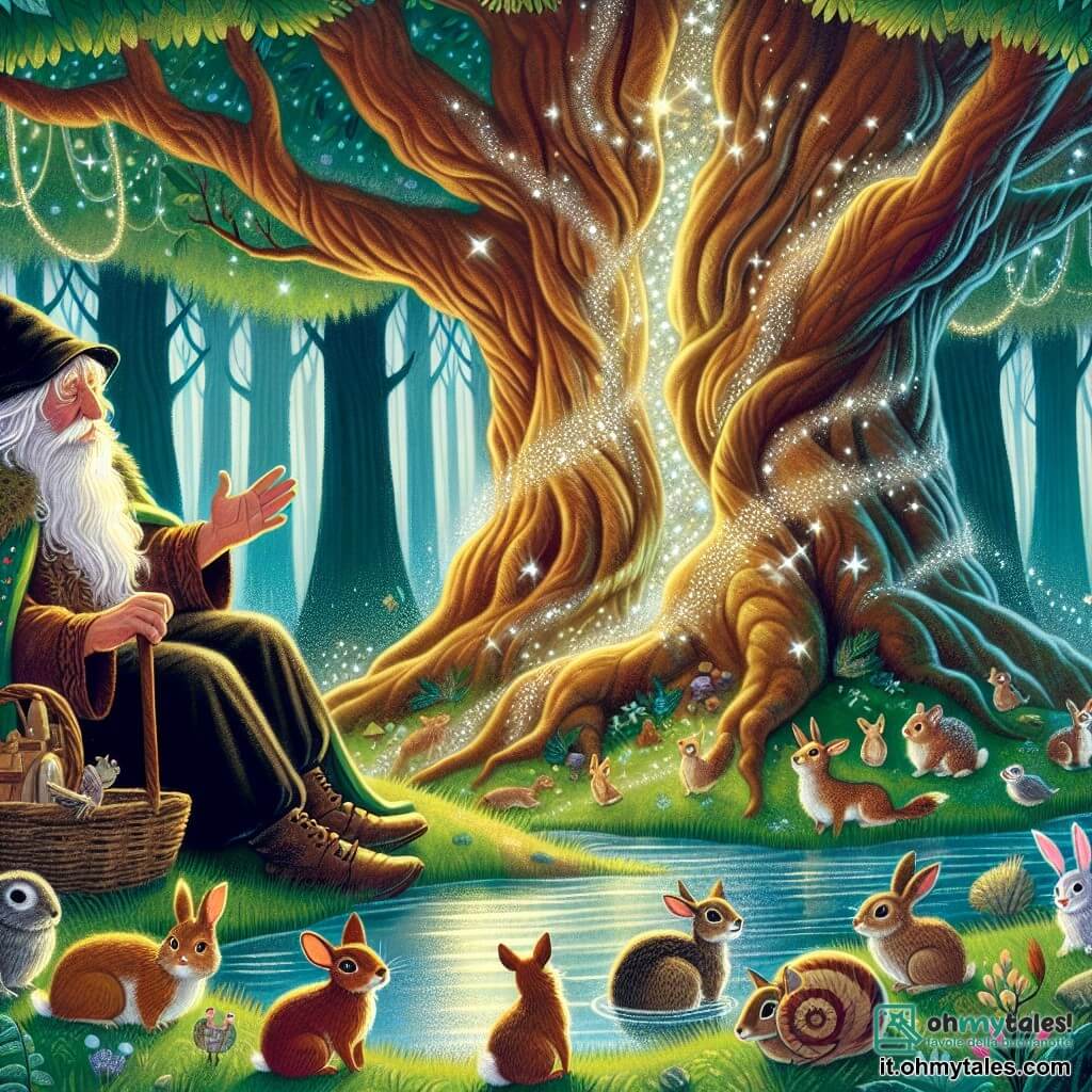 Une illustration destinée aux enfants représentant un homme sage et bienveillant assis aux pieds d'un grand arbre centenaire, écoutant attentivement les récits enchantés du vieil arbre, entourés de petits animaux curieux, dans une forêt magique aux couleurs chatoyantes et aux arbres majestueux.