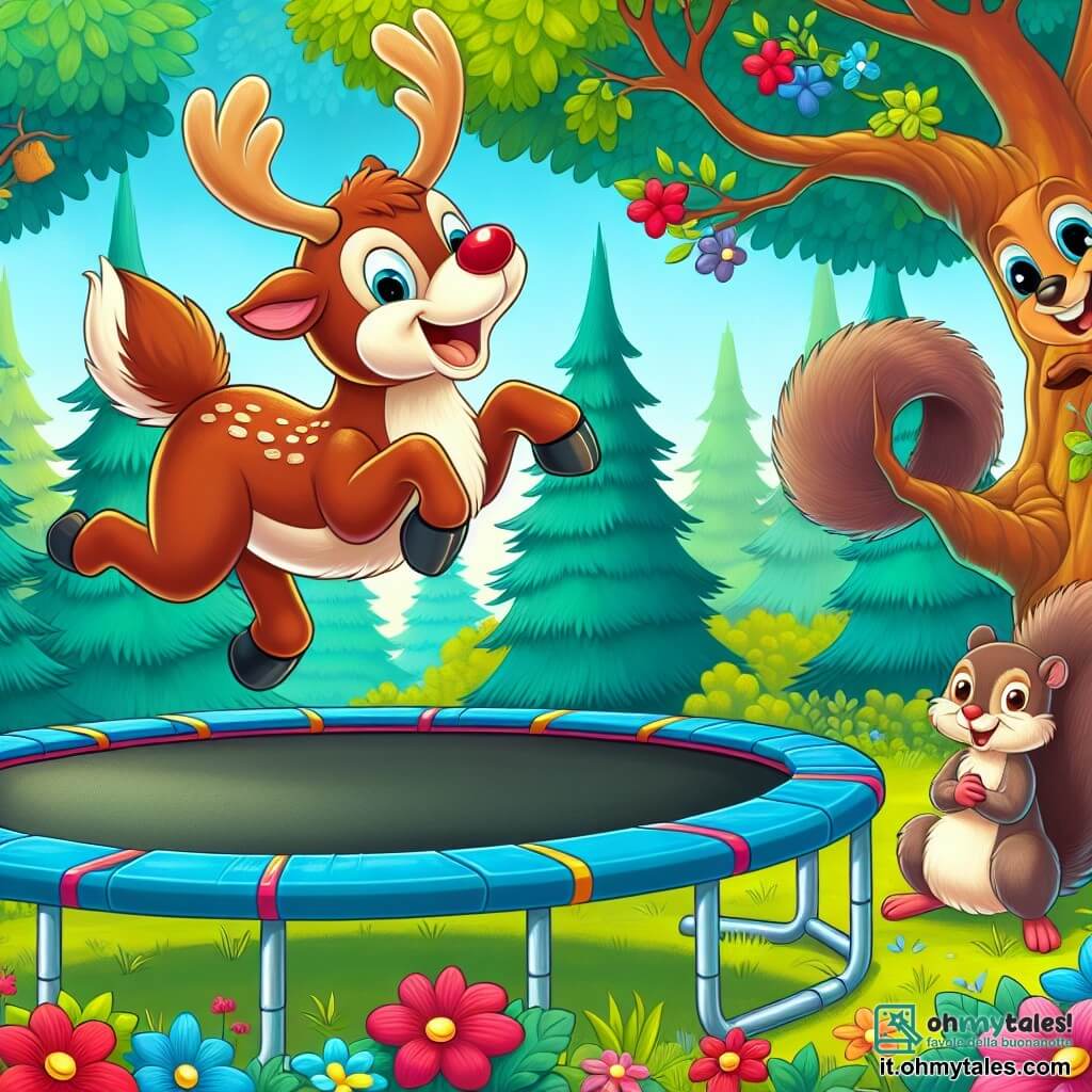 Une illustration destinée aux enfants représentant un renne espiègle faisant des acrobaties sur un trampoline géant, avec un écureuil rieur observant depuis un arbre en fleurs aux couleurs vives au cœur de la forêt enchantée.