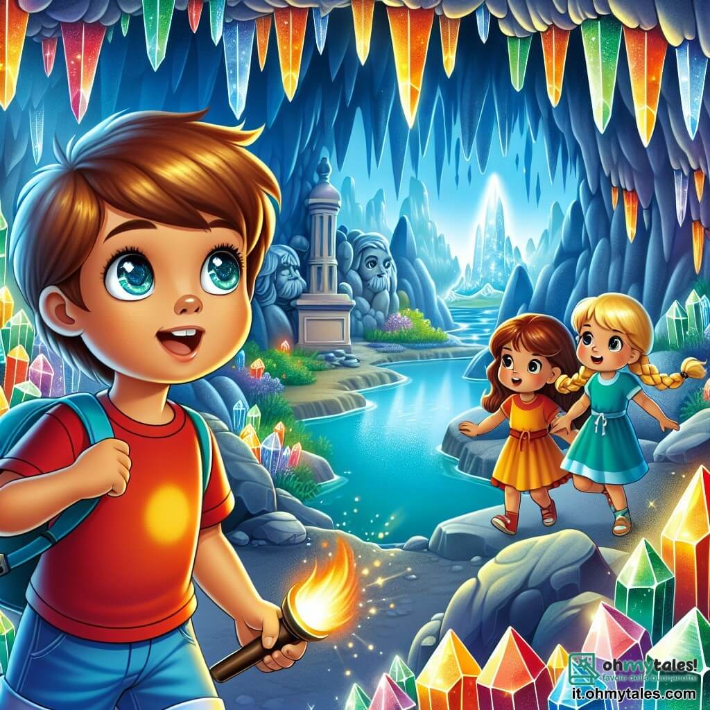 Une illustration sous forme de dessin destinée aux enfants représentant l'intérieur d'une grotte mystérieuse, avec des murs brillants de minéraux colorés et un lac cristallin au centre ; un garçon de 5 ans aux cheveux bruns et aux yeux pétillants, portant un t-shirt rouge et un short bleu, qui tient une torche et regarde avec émerveillement un passage secret ; à ses côtés, une fille aux cheveux blonds tressés et une autre fille aux cheveux châtains, toutes deux avec des expressions d'excitation et d'aventure, tandis qu'elles découvrent un trésor caché entouré de gemmes scintillantes et de statues anciennes.