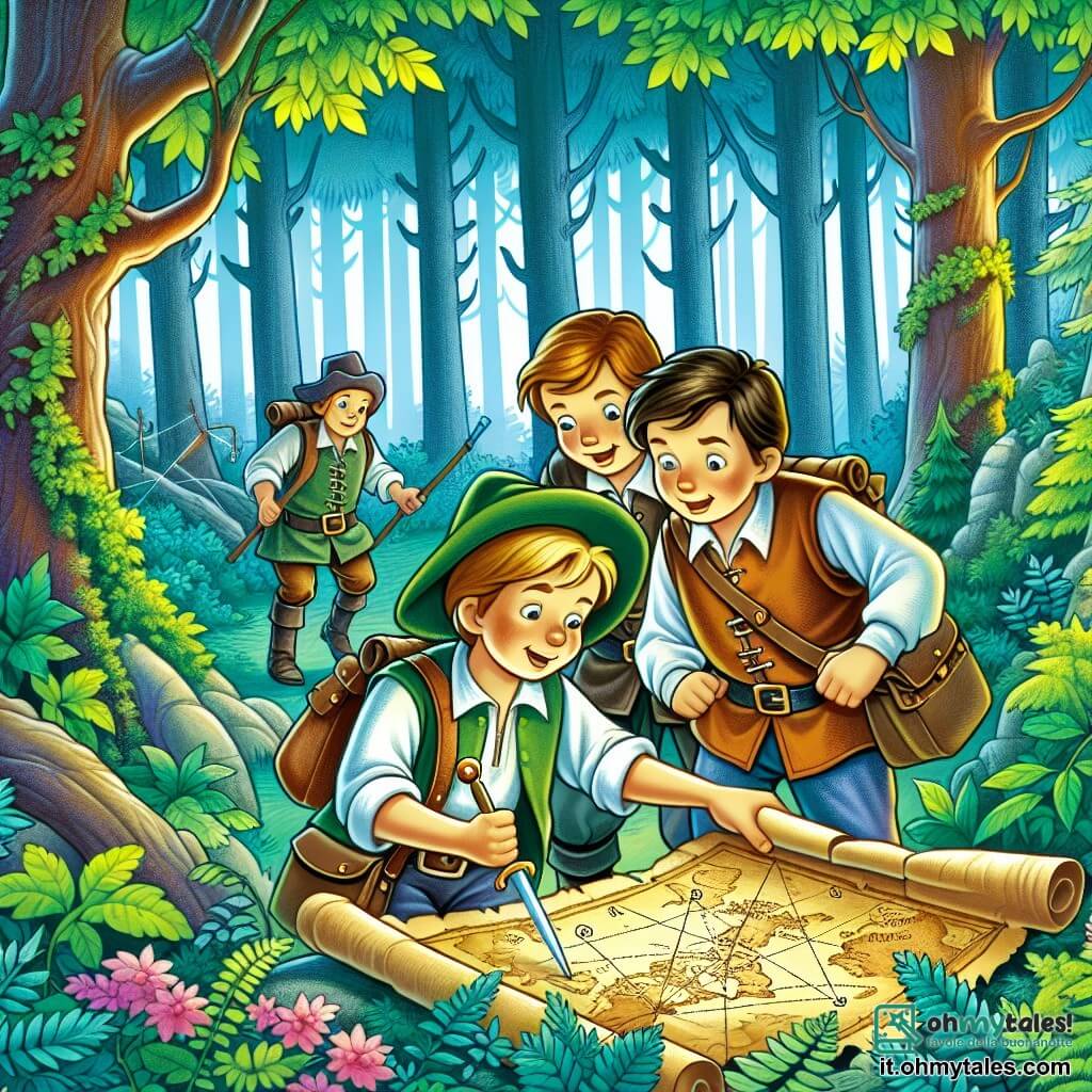 Une illustration destinée aux enfants représentant un jeune garçon intrépide, accompagné de ses amis, découvrant une carte au trésor mystérieuse, dans une forêt luxuriante et pleine de mystères.