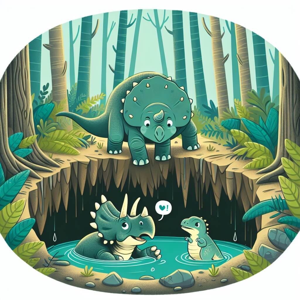 Une illustration destinée aux enfants représentant un tricératops curieux et aventurier, coincé dans une profonde buca, avec l'aide inattendue d'un petit dinosaure astucieux, dans une forêt luxuriante de l'ère des dinosaures.