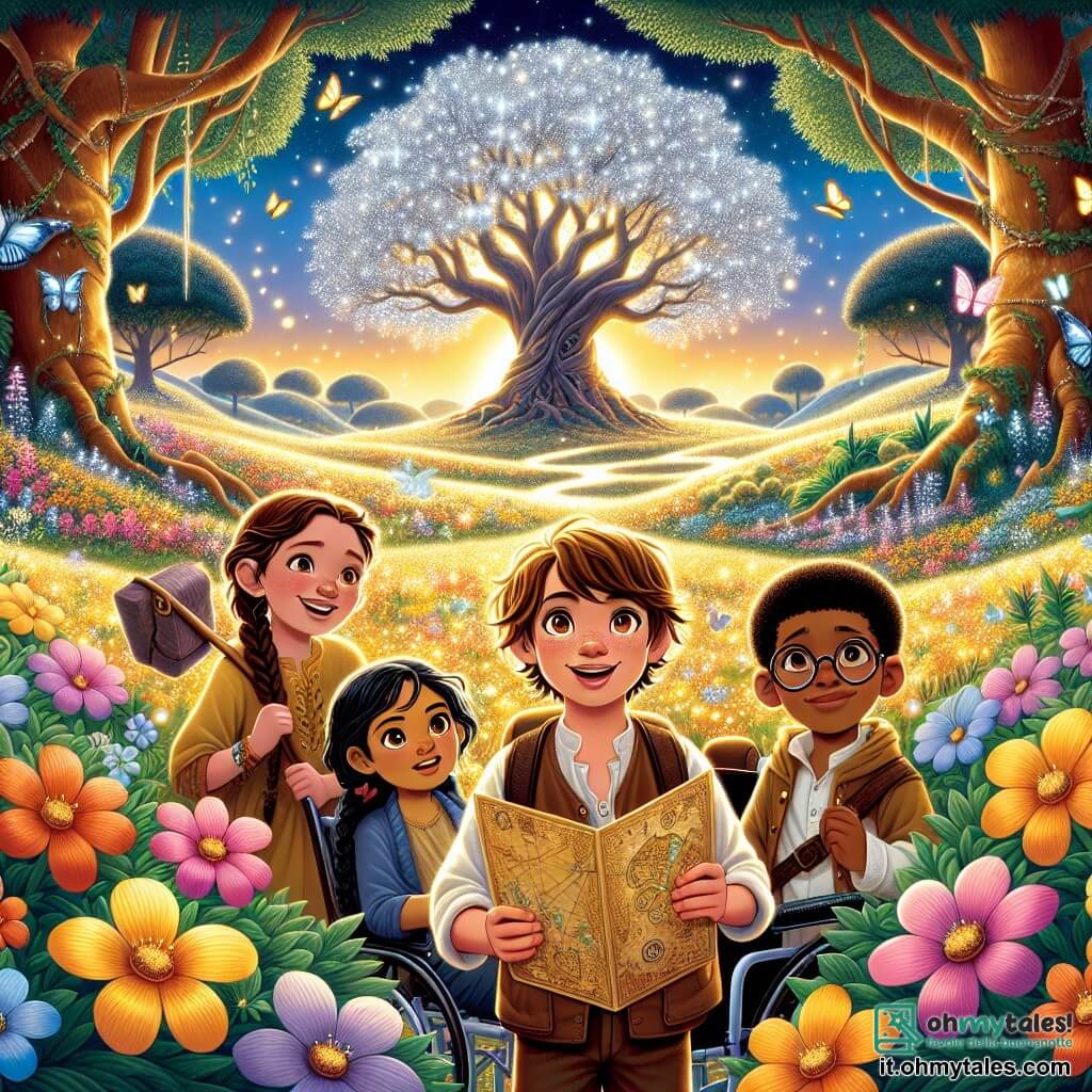 Illustrazione che rappresenta una vasta valle incantata, immersa in una luce dorata, con fiori colorati dai petali scintillanti e alberi maestosi dalle foglie argentate. Al centro della scena, un gruppo di quattro amici si tiene insieme: un ragazzo di circa 10 anni, con capelli castani e occhi brillanti, che sorride con entusiasmo; una ragazza di circa 9 anni, con capelli biondi intrecciati e uno sguardo curioso, che tiene una mappa antica; un ragazzo di circa 11 anni, con capelli castani e occhiali, che osserva attentamente l'ambiente con un'espressione concentrata; e un ragazzo di circa 12 anni, con capelli neri e un sorriso caloroso, seduto in una sedia a rotelle, che guarda i suoi amici con orgoglio. Si trovano davanti a un grande albero dalle foglie brillanti, circondati da un'atmosfera magica, pronti a esplorare la valle dei sogni. Farfalle colorate volano intorno a loro e un dolce ruscello d'argento serpeggia attraverso il paesaggio, aggiungendo un tocco di serenità all'avventura. La scena trasmette un'atmosfera di amicizia e scoperta, catturando lo spirito di una ricerca fantastica.