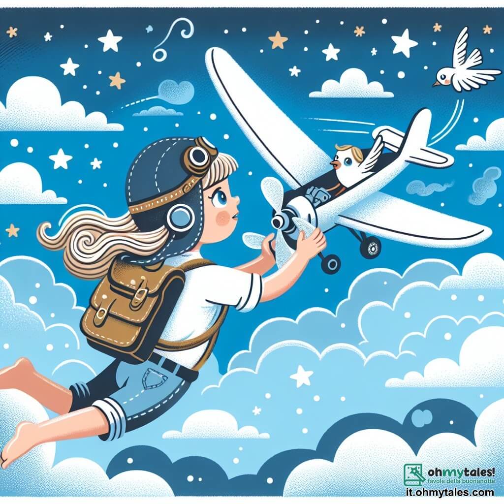 Une illustration destinée aux enfants représentant une jeune fille passionnée d'aviation, faisant son premier vol en solitaire pour sauver un oiseau coincé dans le moteur de l'avion, dans un ciel bleu azur parsemé de nuages cotonneux et d'étoiles scintillantes.