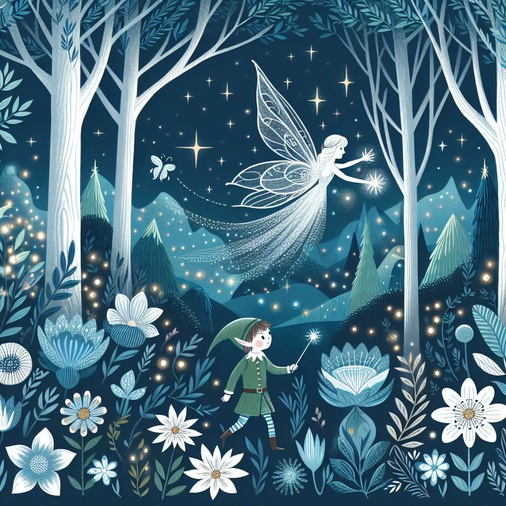 Une illustration destinée aux enfants représentant une fée étincelante, se trouvant dans une forêt enchantée remplie de fleurs lumineuses et d'arbres majestueux, accompagnée d'un petit elfe curieux, dans une quête pour protéger la magie du monde féerique.