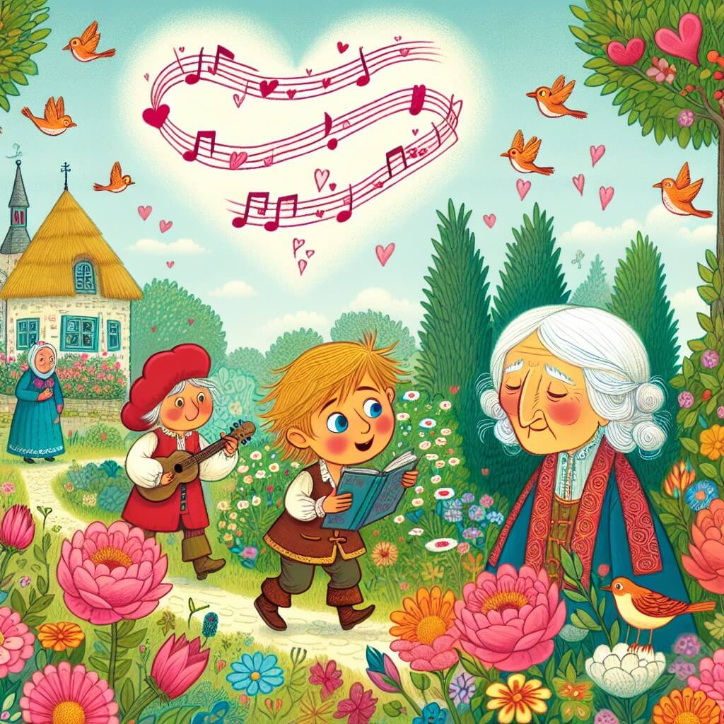 Une illustration destinée aux enfants représentant un jeune garçon curieux, se promenant dans un parc enchanté rempli de fleurs colorées et d'oiseaux chantants, à la recherche d'inspiration pour écrire une poésie d'amour pour un concours de Saint-Valentin, où il fera la rencontre d'une sage poétesse aux cheveux blancs.