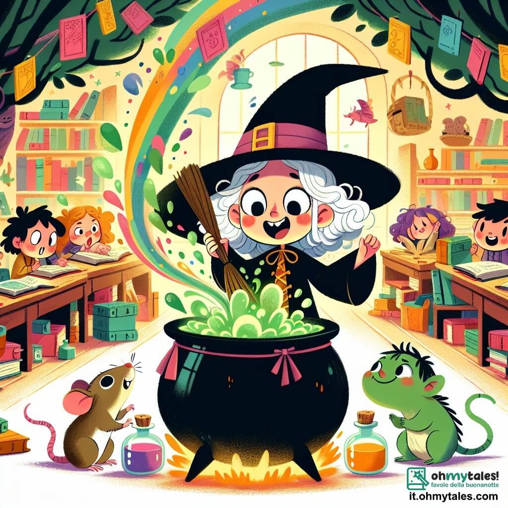 Une illustration sous forme de dessin destinée aux enfants représentant une salle de classe magique remplie de livres flottants et d'arbres parlants, où une jeune apprentie sorcière aux cheveux blancs et bouclés, portant un grand chapeau pointu légèrement de travers, mélange une potion verte et fumante dans un grand chaudron, tandis qu'un petit rat parlant, avec des yeux malicieux, l'encourage avec enthousiasme, et un troll gentil, au visage souriant et à la peau verte, observe avec curiosité, alors qu'une explosion de couleurs et de parfums joyeux s'échappe du chaudron, créant une atmosphère d'amusement et de magie.