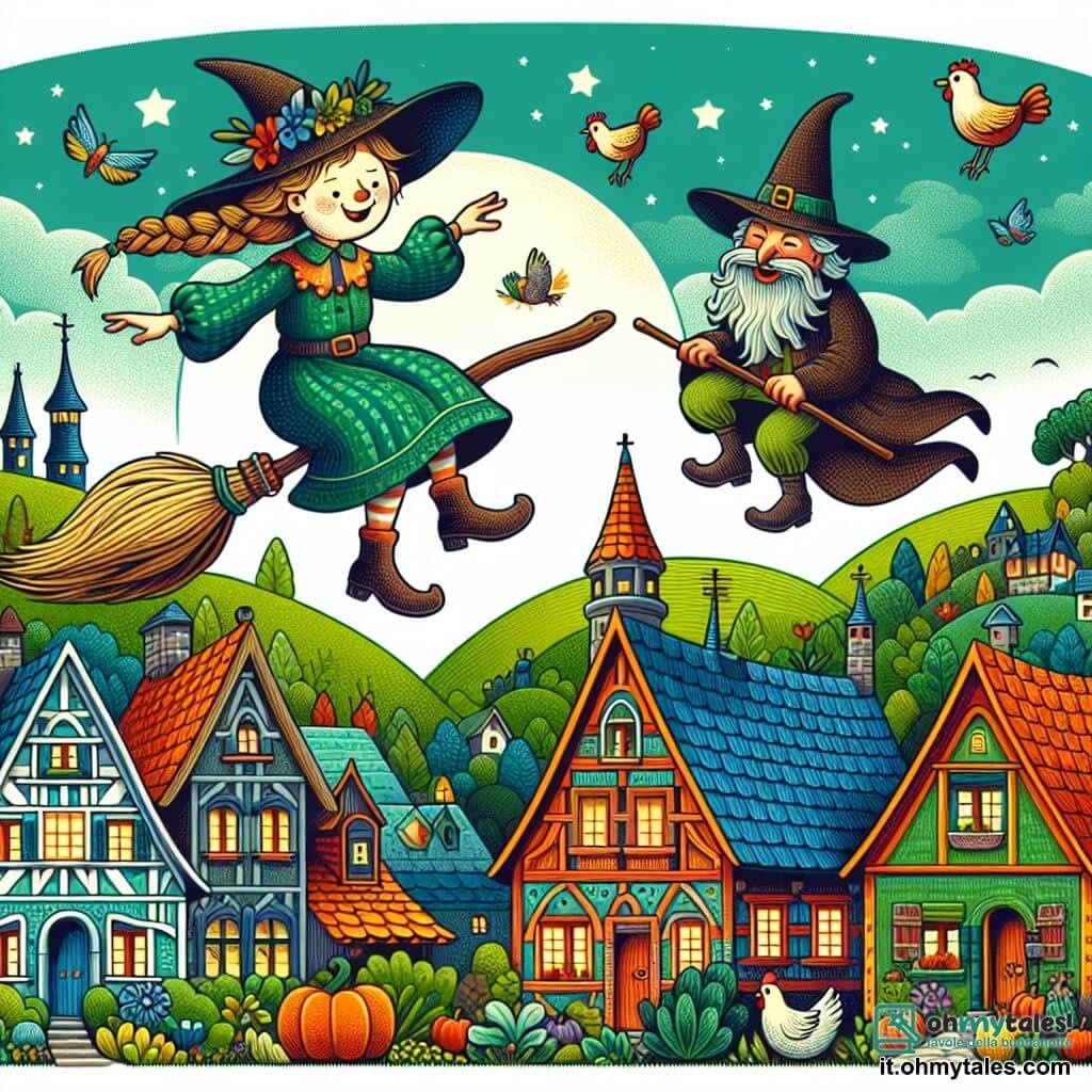 Une illustration destinée aux enfants représentant une jeune sorcière étourdie chevauchant une scopa magica, accompagnée d'un mago rieur, dans un village incanté entre les collines verdoyantes aux maisons colorées et aux toits pointus, où les légumes dansent et les gallines chantent joyeusement.