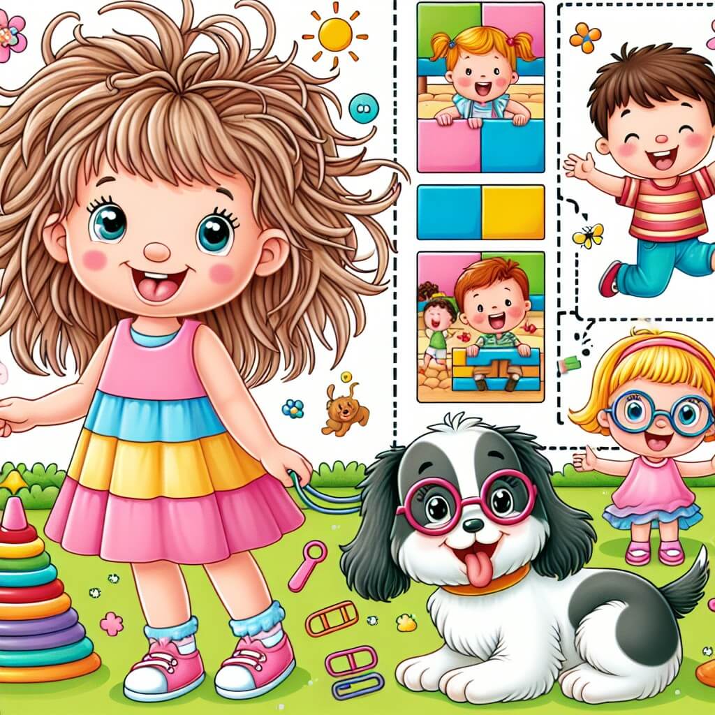 Une illustration destinée aux enfants représentant une petite fille aux cheveux en bataille, accompagnée de son fidèle chien, dans une cour de récréation colorée remplie de rires et de jeux avec ses copains, dont un garçon aux lunettes rigolotes.
