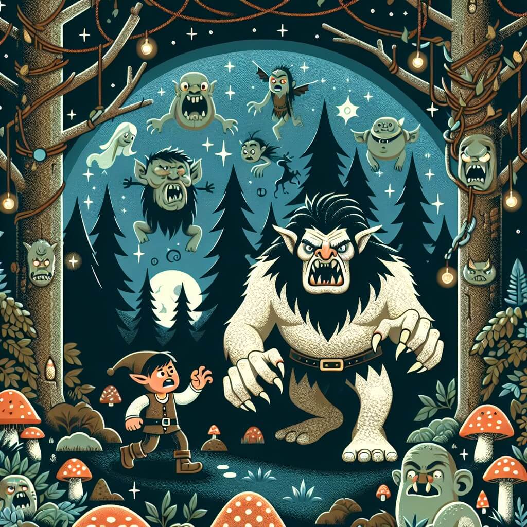 Une illustration destinée aux enfants représentant un ogre terrifiant se trouvant dans une sombre forêt enchantée, accompagné d'un petit elfe courageux, dans un royaume peuplé de créatures magiques et de champignons lumineux.