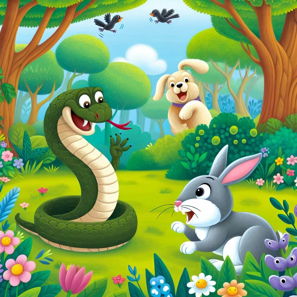 Une illustration destinée aux enfants représentant un serpent espiègle se jouant d'un lapin effrayé dans un parc verdoyant, avec un chien joyeux observant la scène, entourés de fleurs colorées et d'arbres majestueux.