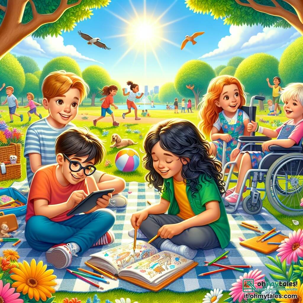 Illustrazione che rappresenta un parco soleggiato, pieno di fiori colorati e alberi con fogliame verde. Al centro, un gruppo di quattro bambini è riunito attorno a una grande coperta da picnic. Due ragazzi, uno con capelli castani e occhiali, sorride raccontando una barzelletta, mentre l'altro, con capelli biondi e ricci, è seduto con un tablet in mano, apparendo affascinato. Accanto a loro, una ragazza con lunghi capelli neri, indossando un vestito colorato, osserva la natura con meraviglia, e un'altra ragazza, in sedia a rotelle, disegna felicemente su un quaderno con pastelli colorati. La scena emana un'atmosfera di amicizia e gioia, illustrando l'importanza dell'amicizia e dell'equilibrio tra il tempo trascorso davanti agli schermi e le attività all'aperto. Sullo sfondo, bambini giocano a palla e uccelli volano in un cielo azzurro, aggiungendo vitalità a questa bella giornata.