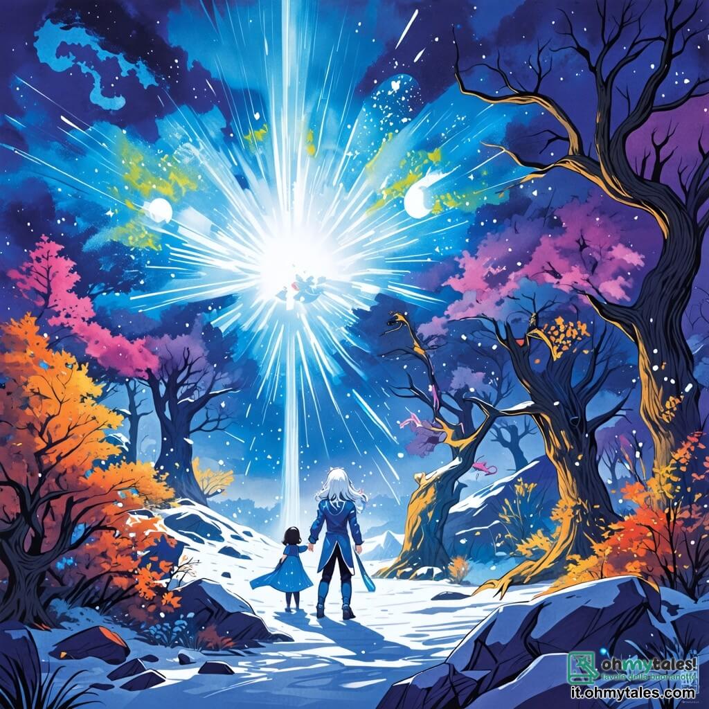 Une illustration sous forme de dessin destinée aux enfants représentant un paysage fantastique de Lumina, avec des arbres colorés et un ciel bleu éclatant, où un homme aux cheveux blancs comme la neige et aux yeux azur, vêtu d'un costume bleu et argent, se tient courageusement devant une grande source de lumière, tandis qu'une jeune fille aux longs cheveux noirs, habillée d'une tenue scintillante, crée un miroir de lumière pour distraire un personnage maléfique aux yeux rouges, entouré de créatures sombres, illustrant le moment où ils unissent leurs forces pour protéger la Luce Centrale d'Ombra.