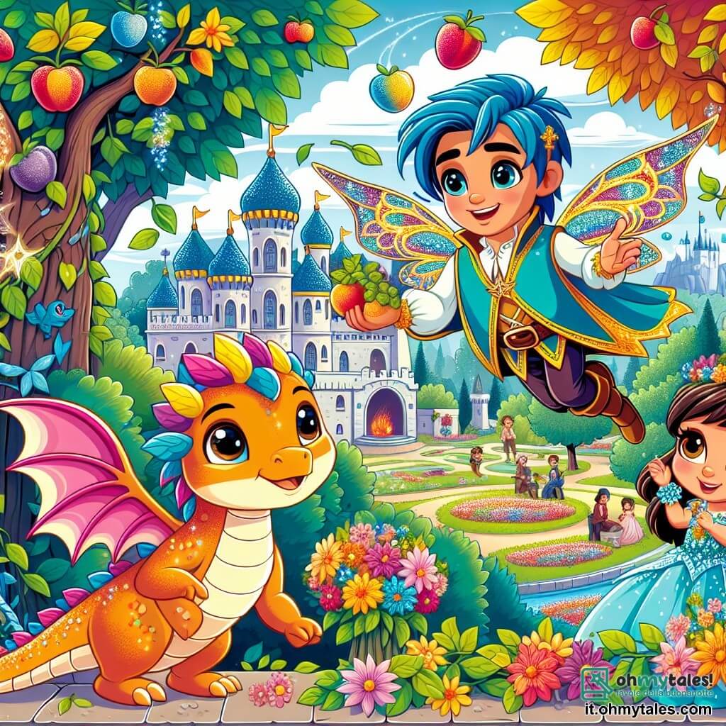 Une illustration sous forme de dessin destinée aux enfants représentant un parc coloré d'Arcobalenia, avec des arbres aux feuilles éclatantes et des fleurs multicolores, où un homme aux cheveux bleus et au costume brillant, qui change de couleur, vole dans les airs avec un sourire chaleureux, tandis qu'une jeune fille aux cheveux bruns et aux yeux pétillants, tenant un bouquet de fleurs, regarde émerveillée, et un dragon de feu, au regard doux et aux écailles rougeoyantes, mange joyeusement des fruits offerts par le super-héros, symbolisant l'amitié et la compréhension entre les êtres.
