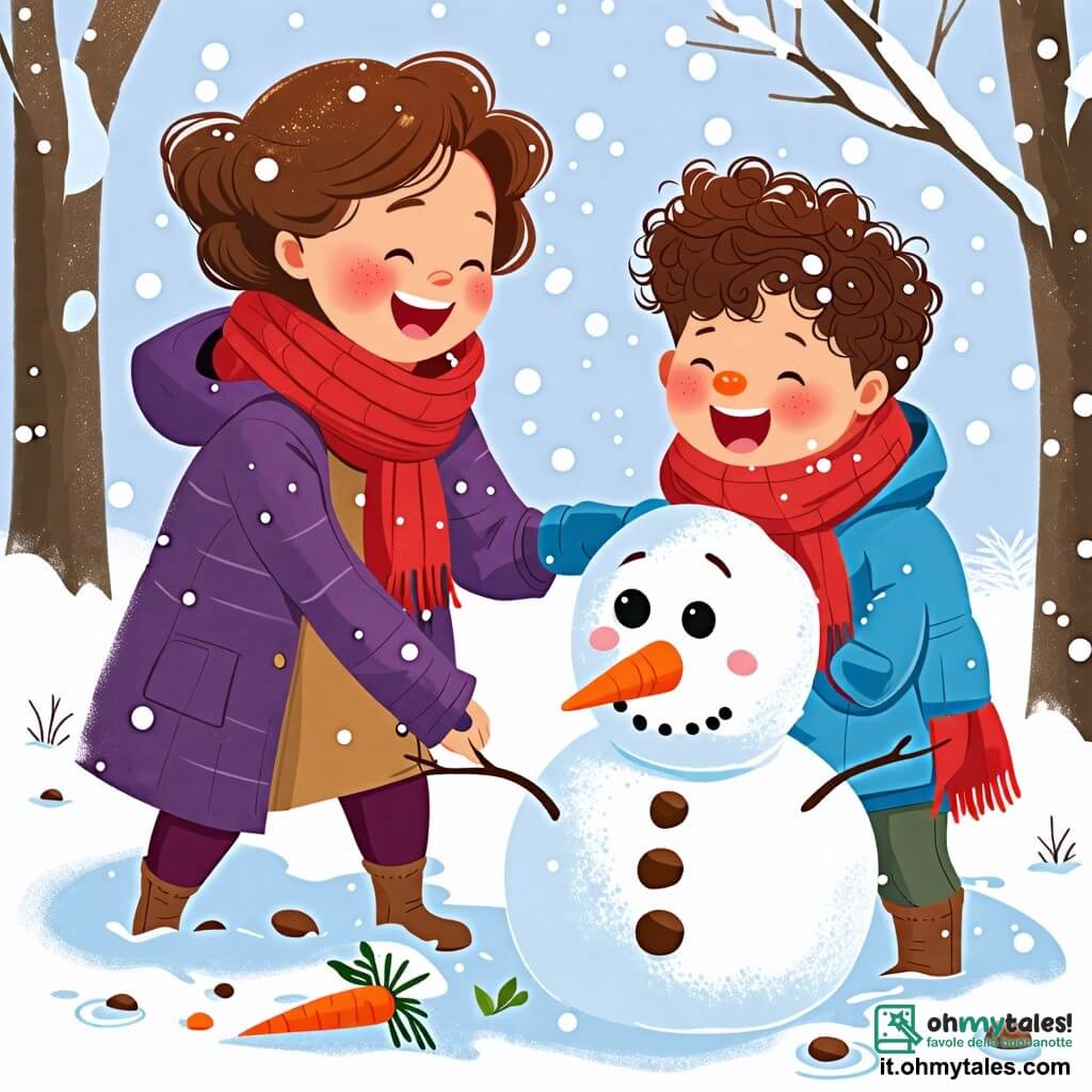 Une illustration sous forme de dessin destinée aux enfants représentant un paysage hivernal féerique avec des flocons de neige tombant doucement, où un garçon de 2 ans aux cheveux bouclés et aux joues roses, vêtu d'un coloré manteau bleu et d'une écharpe rouge, rit joyeusement en construisant un grand bonhomme de neige avec sa maman, une femme souriante aux cheveux châtains, portant un manteau violet, qui l'aide à placer une carotte pour le nez et des cailloux pour les yeux, tandis qu'autour d'eux, des arbres enneigés et des traces de pas dans la neige ajoutent à l'atmosphère magique de l'hiver.