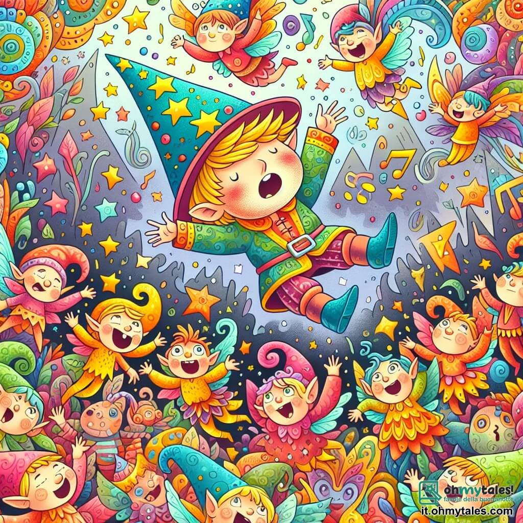 Une illustration destinée aux enfants représentant un petit sorcier étourdi se retrouvant suspendu dans les airs, entouré de folletti dansant et chantant des chansons joyeuses, dans le Regno delle Magie, un royaume enchanteur aux couleurs vives et aux formes fantastiques.