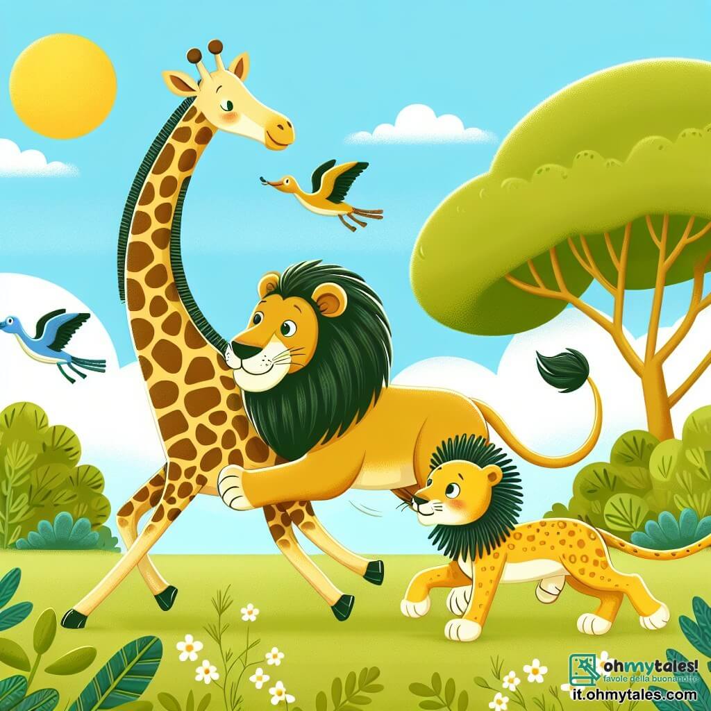 Une illustration destinée aux enfants représentant une girafe avec un cou extrêmement long qui aide un lion à retrouver sa crinière dorée, accompagnés d'un ghepardo rapide, dans une savane ensoleillée parsemée d'arbres et de buissons verdoyants.