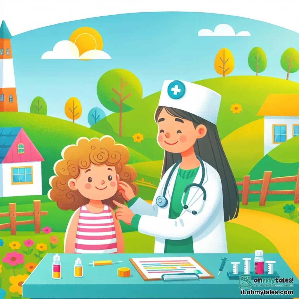 Une illustration destinée aux enfants représentant une jeune médecin femme, souriante et bienveillante, en train de soigner une petite fille aux cheveux bouclés dans son studio médical chaleureux et coloré, situé dans un petit village entouré de collines verdoyantes et de fleurs multicolores.