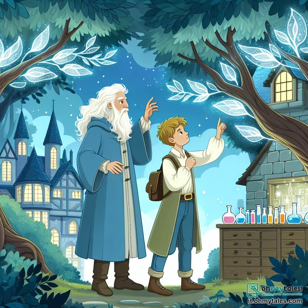 Une illustration destinée aux enfants représentant un jeune apprenti sorcier découvrant un laboratoire magique caché dans une forêt enchantée, accompagné de son sage mentor aux cheveux blancs, dans un village paisible bordé par des arbres majestueux aux feuilles lumineuses et chatoyantes.
