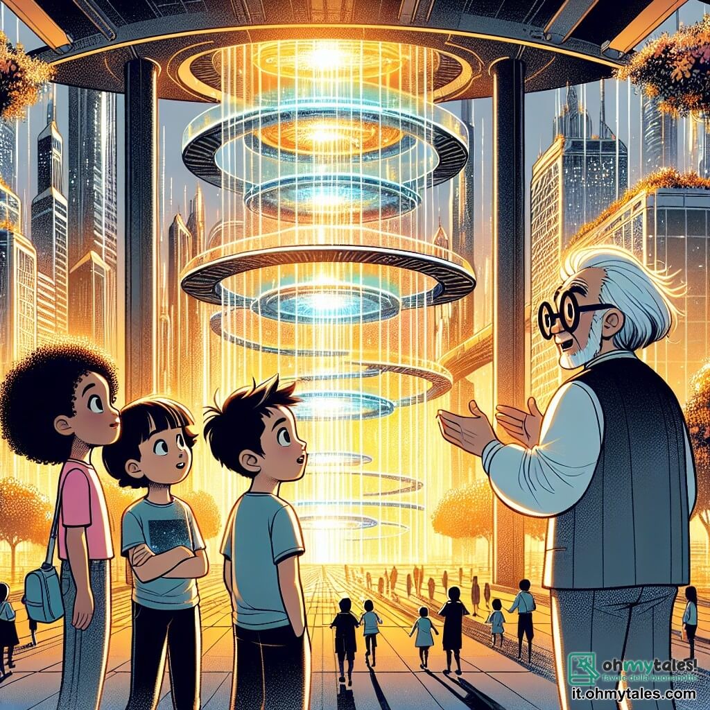 Une illustration sous forme de dessin destinée aux enfants représentant une ville futuriste scintillante avec des gratte-ciels en verre et des passerelles suspendues, où un groupe de trois enfants de 11 ans, deux filles aux cheveux bouclés et noirs et un garçon aux cheveux blonds et courts, se tient devant un téléporteur coloré, les yeux brillants d'excitation, tandis qu'un inventeur âgé avec des lunettes surdimensionnées et des cheveux ébouriffés explique comment fonctionne la technologie, le tout baigné dans une lumière dorée du soleil couchant qui illumine les jardins verticaux environnants.