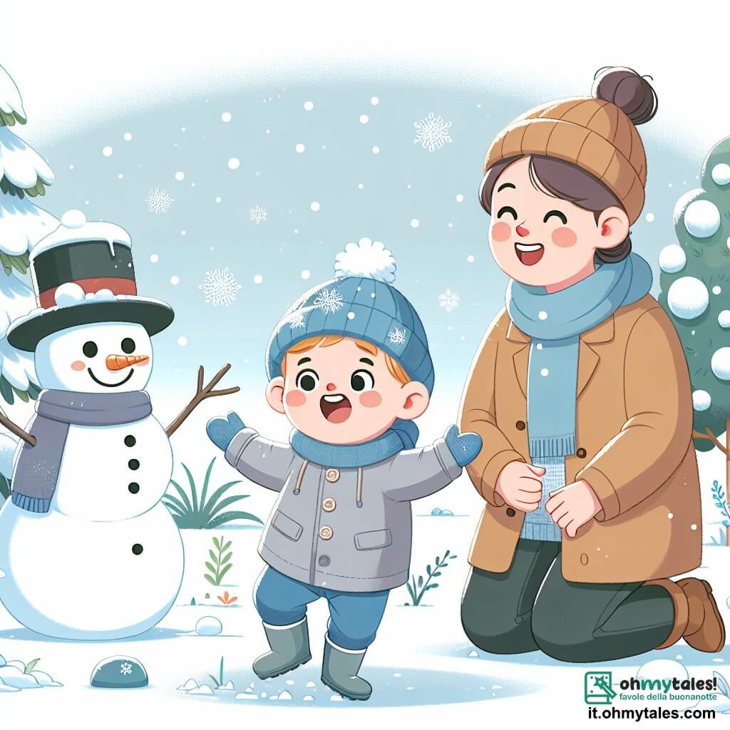 Une illustration destinée aux enfants représentant un petit garçon émerveillé par la neige, accompagné de sa maman, jouant joyeusement dans un jardin enneigé, avec un pupazzo di neve che sorride accanto a loro.