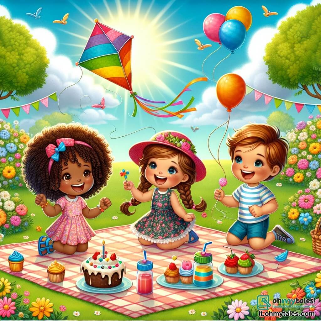 Illustrazione che rappresenta un giardino soleggiato, pieno di fiori colorati e alberi verdi. Al centro, una grande coperta a quadretti è stesa sull'erba morbida, circondata da risate e gioia. Tre bambini sono presenti: una bambina con capelli castani e ricci, di quattro anni, che indossa un vestito a fiori rosa e sandali blu. Accanto a lei, un'altra bambina, con capelli biondi intrecciati e un cappello colorato, anch'essa di quattro anni, che sorride tenendo un grande pallone rosso. Infine, un bambino con capelli castani e corti, che indossa una maglietta a righe e pantaloni corti, pronto a lanciare un aquilone colorato nel cielo. La scena cattura il momento in cui i bambini si divertono insieme, ridendo e giocando con l'aquilone che si innalza nel cielo blu, mentre un delizioso profumo di torta al cioccolato si diffonde nell'aria. Piccole torte e succhi di frutta colorati sono disposti sulla coperta, aggiungendo un tocco festoso a questa gioiosa celebrazione di compleanno.
