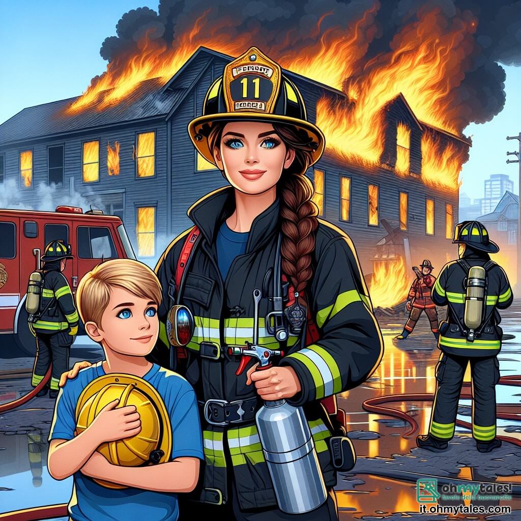 Illustrazione che rappresenta un vecchio magazzino in fiamme, con fiamme vivaci e fumi neri che si alzano nel cielo blu. In primo piano, una coraggiosa donna pompiera, con capelli castani raccolti in una coda di cavallo, indossa un casco giallo brillante e un'uniforme rossa e nera, mentre utilizza un potente estintore per spegnere le fiamme. Ha uno sguardo determinato e un sorriso rassicurante, mostrando il suo impegno a salvare vite. Accanto a lei, un ragazzo di circa 10 anni, con capelli biondi disordinati e occhi spalancati, osserva con ammirazione, indossando una maglietta blu e pantaloni corti. Tiene in mano un piccolo giocattolo di camion dei pompieri, ispirato dal coraggio della donna. Sullo sfondo, altri pompieri, tra cui un uomo di mezza età con barba grigia e casco, lavorano insieme per domare l'incendio, creando un'atmosfera di solidarietà e coraggio. Altri dettagli includono alberi verdi di lato, sirene di camion dei pompieri in lontananza e nuvole di fumo che si mescolano al cielo, aumentando l'intensità della scena.