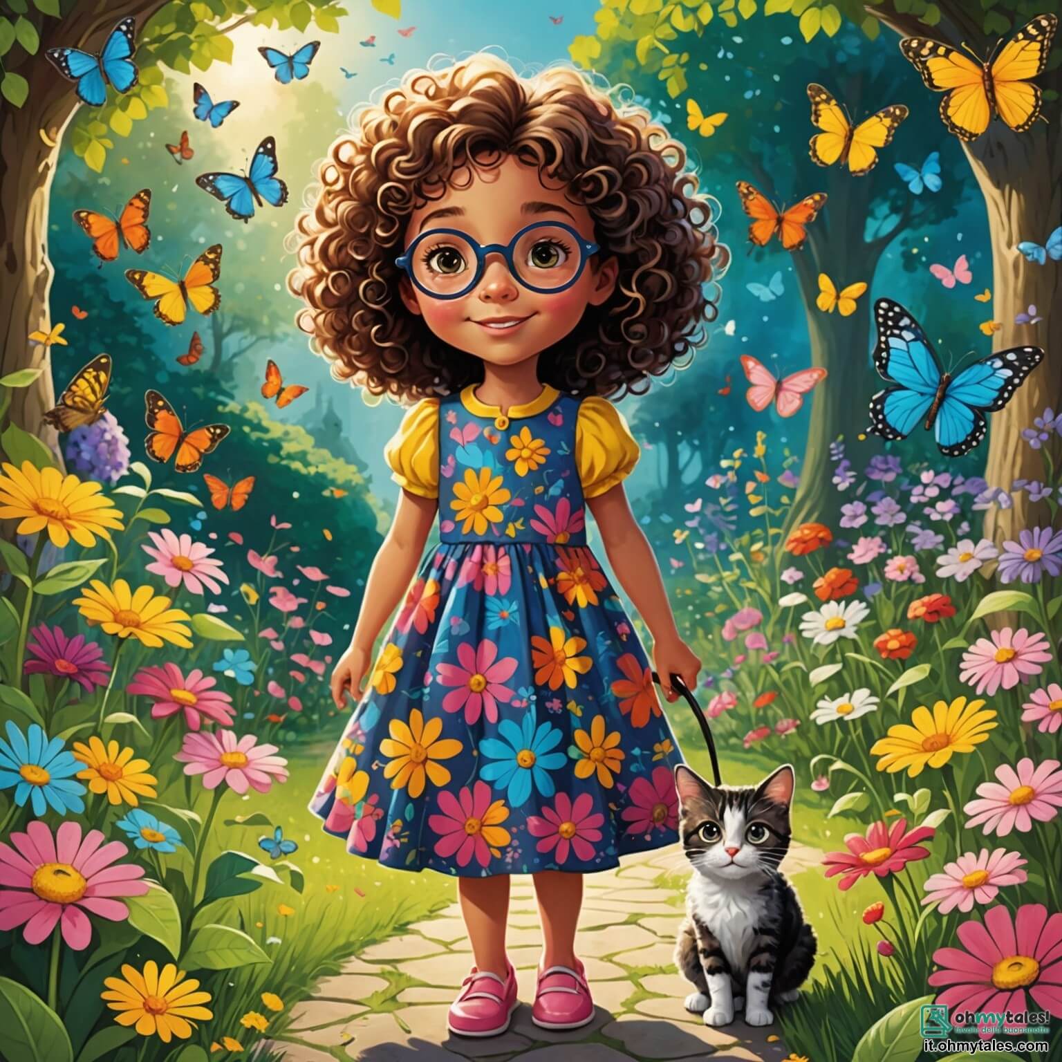 Une illustration destinée aux enfants représentant une petite fille aux cheveux bouclés et aux yeux pétillants, vêtue d'une robe colorée, qui se tient avec détermination au milieu d'un jardin enchanté rempli de fleurs éclatantes et de papillons virevoltants, tandis qu'à ses côtés, un petit garçon aux lunettes rondes et au sourire malicieux l'aide à résoudre le mystère de la disparition de son chat, le tout se déroulant dans un village pittoresque où les maisons aux façades pastel sont entourées de verdure luxuriante et de chemins pavés.