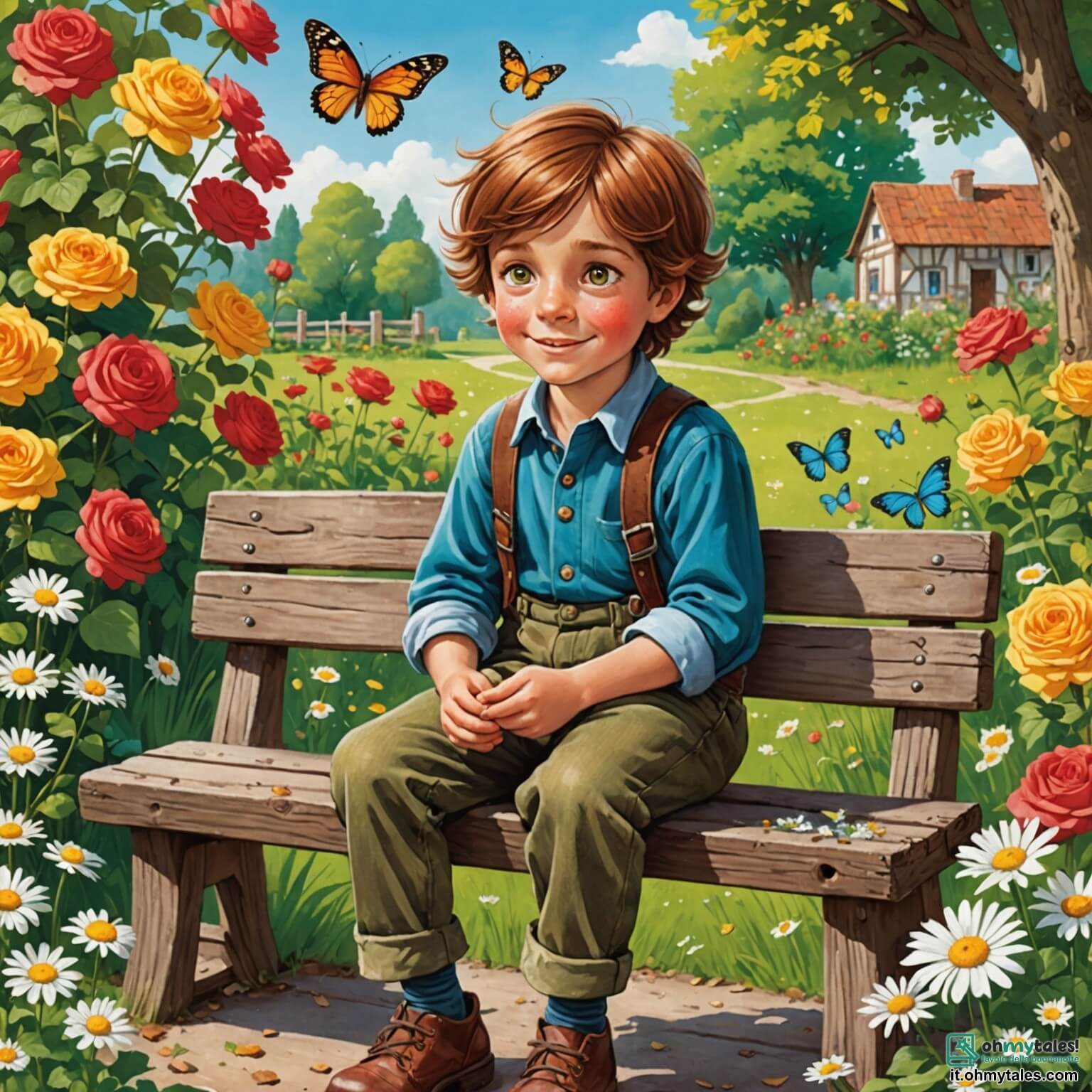 Une illustration destinée aux enfants représentant un garçon aux cheveux châtains et aux yeux pétillants, assis sur un banc en bois usé dans un jardin ensoleillé rempli de fleurs colorées, où des papillons dansent autour des roses éclatantes et des marguerites blanches, tandis qu'il se remémore avec tendresse les histoires de son grand-père bien-aimé, un homme sage aux cheveux argentés, qui lui a récemment dit au revoir, et qui, bien que physiquement absent, continue de vivre dans les souvenirs chaleureux et les rires partagés, créant ainsi un lien indéfectible entre le passé et le présent dans cet écrin de nature paisible.
