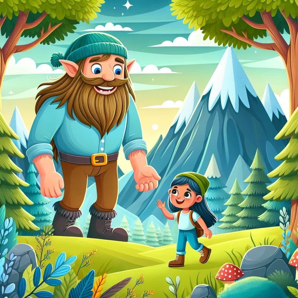 Une illustration destinée aux enfants représentant un géant bienveillant et souriant, accompagné d'une jeune exploratrice, dans la magnifique Vallée des Gigantes, un lieu enchanté rempli de montagnes majestueuses et d'arbres géants aux feuilles chatoyantes, où les créatures fantastiques vivent en harmonie avec la nature.