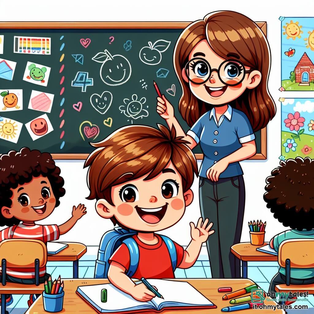 Une illustration sous forme de dessin destinée aux enfants représentant une salle de classe lumineuse et colorée, avec des murs décorés de dessins d'enfants, où un garçon de 7 ans aux cheveux bruns, portant un t-shirt rouge et un petit sac à dos bleu, sourit joyeusement en s'asseyant à son bureau, tandis qu'une enseignante souriante, avec des lunettes et des cheveux châtains, se tient devant le tableau noir, prête à accueillir les élèves pour leur première journée d'école, entourée de camarades de classe, un garçon aux lunettes et une fille aux cheveux bouclés, tous impatients de commencer leur nouvelle aventure scolaire.