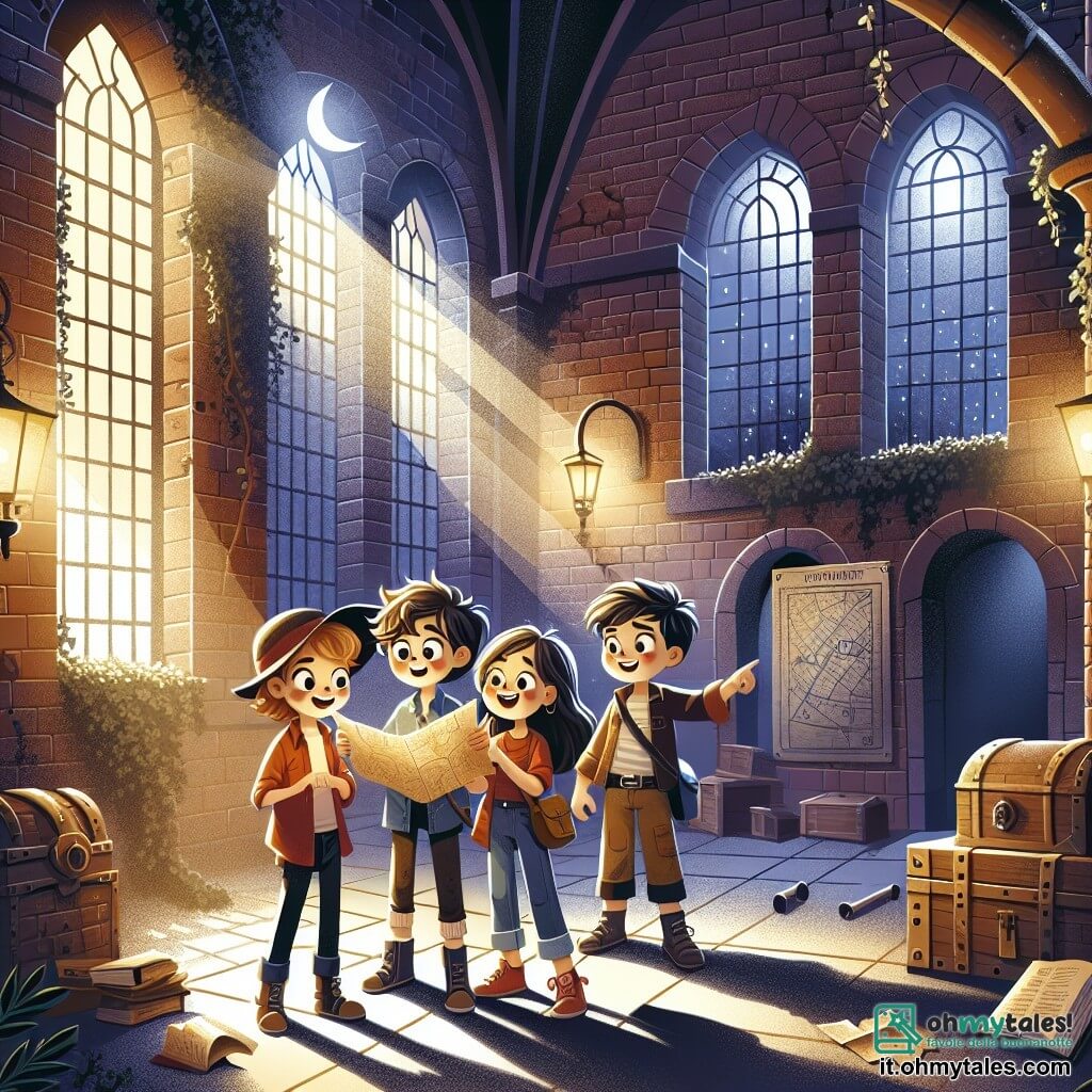 Illustrazione che rappresenta una scena magica in un vecchio magazzino abbandonato, con muri di mattoni coperti di edera e raggi di luna che filtrano attraverso finestre rotte. Al centro, quattro amici si tengono insieme: un ragazzo dai capelli ricci e dagli occhi scintillanti, di circa 10 anni, che indica una vecchia mappa appesa al muro; una ragazza dai capelli lunghi e castani, di 9 anni, con uno sguardo determinato, che tiene un libro antico; un ragazzo dal sorriso contagioso, di circa 10 anni, che fa un gesto entusiasta, e un ragazzo un po' più alto, con una leggera zoppia, di 11 anni, che osserva attentamente la scena. Stanno scoprendo una mappa misteriosa che potrebbe portarli a un'avventura incredibile. Ombre danzano attorno a loro, e oggetti antichi, come bauli e lanterne polverose, aggiungono un'atmosfera di mistero ed eccitazione all'illustrazione.