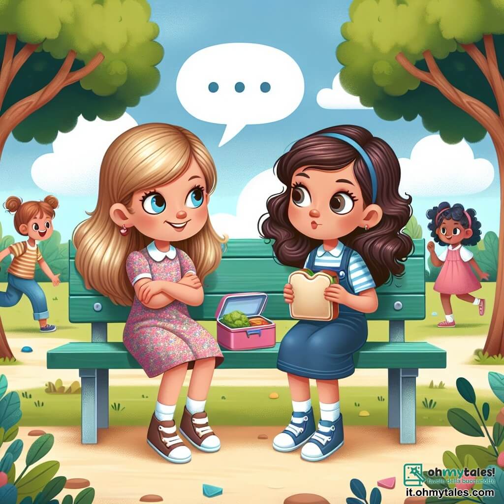 Illustrazione che rappresenta un bel cortile di una scuola elementare, con alberi verdi, panchine colorate e bambini che giocano felici. Al centro, due ragazze di sei anni si fronteggiano: una ha lunghi capelli castani, indossa un vestito rosa a fiori e sorride con occhi scintillanti; l'altra ha capelli biondi, boccoli ricci e un vestito blu, mostrando un'espressione timida. Sono sedute su una panchina, discutendo seriamente, con una scatola del pranzo aperta tra di loro, che rivela un panino. Sullo sfondo, altri bambini giocano a nascondino, aggiungendo un'atmosfera di amicizia e gioia. Bolle di dialogo potrebbero mostrare la conversazione sull'importanza della verità, simboleggiando il tema della menzogna e dell'onestà.
